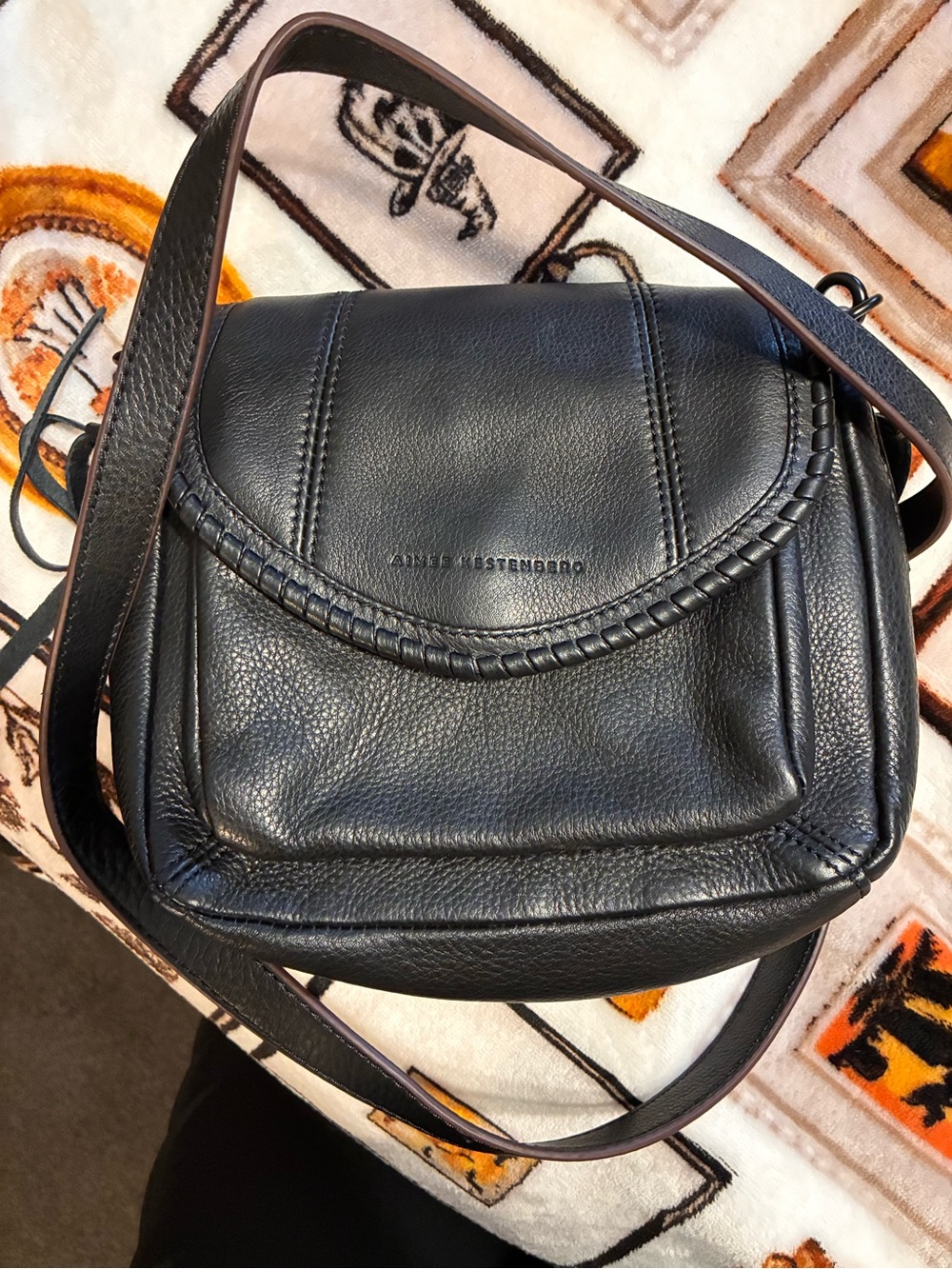 Aimee Kestenberg Black Pebbled Leather Braided Flap Crossbody